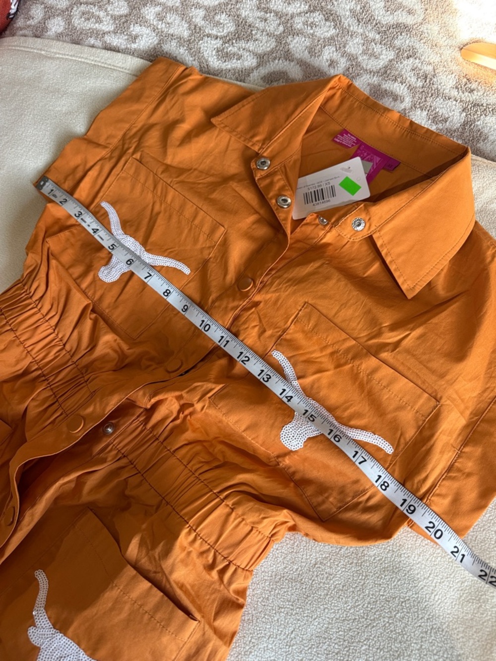 QUEEN OF SPARKLES Orange Short-Sleeve Utility Romper with White Embroidery - Picture 7 of 9